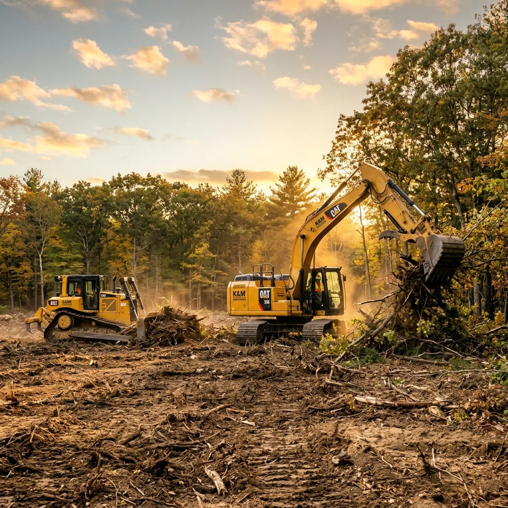 Land clearing crew working with heavy equipment